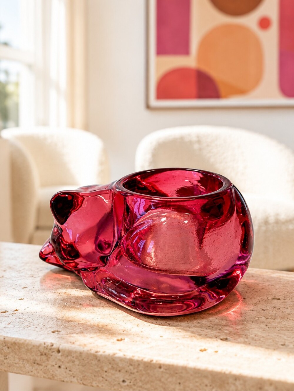 Vintage Indiana Glass Cranberry Sleeping Cat Votive Candle Holder